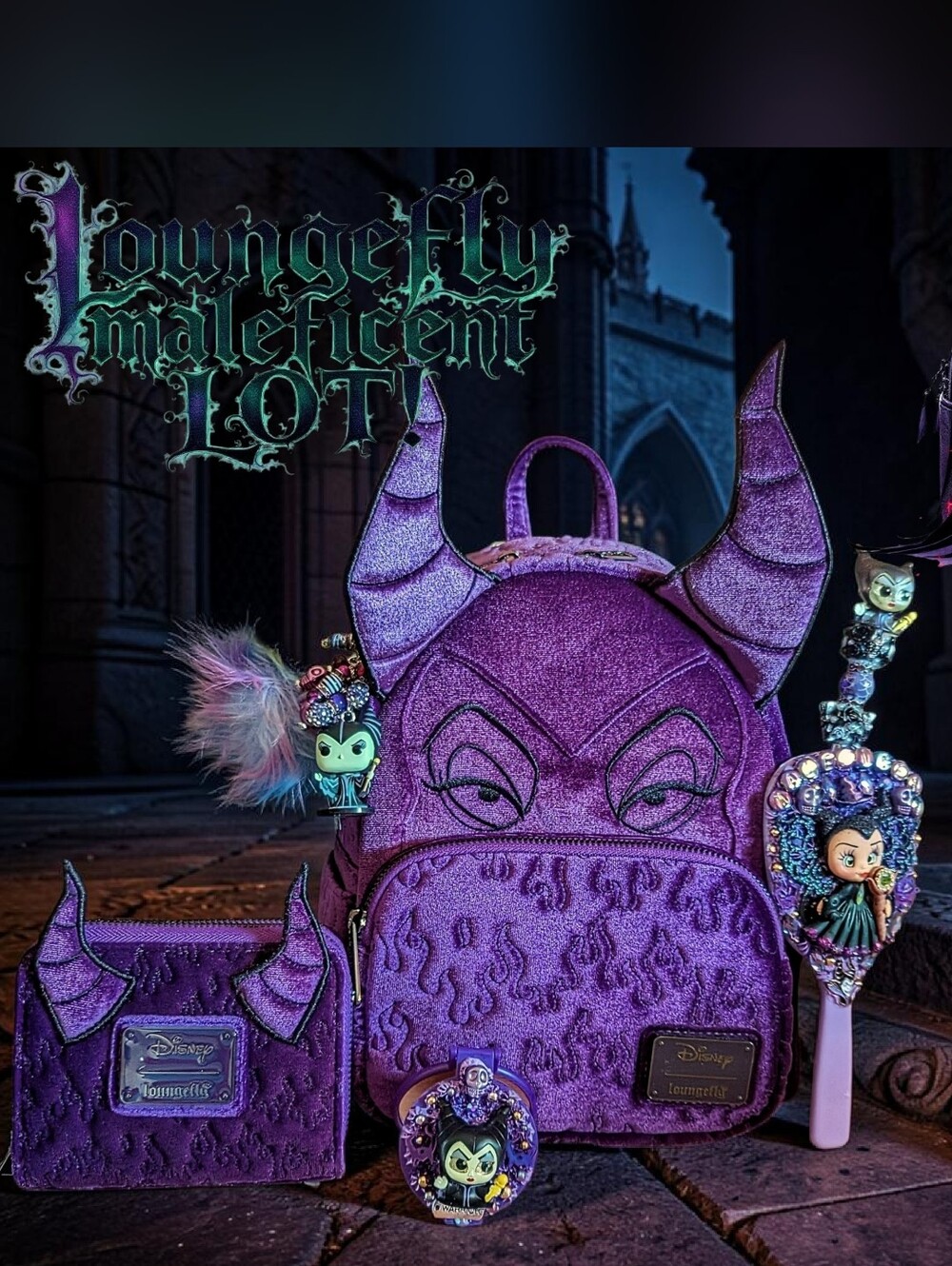 Loungefly Disney Maleficent Velvet Purple Mini Backpack,Wallet,Charm,Mirrors&PEN